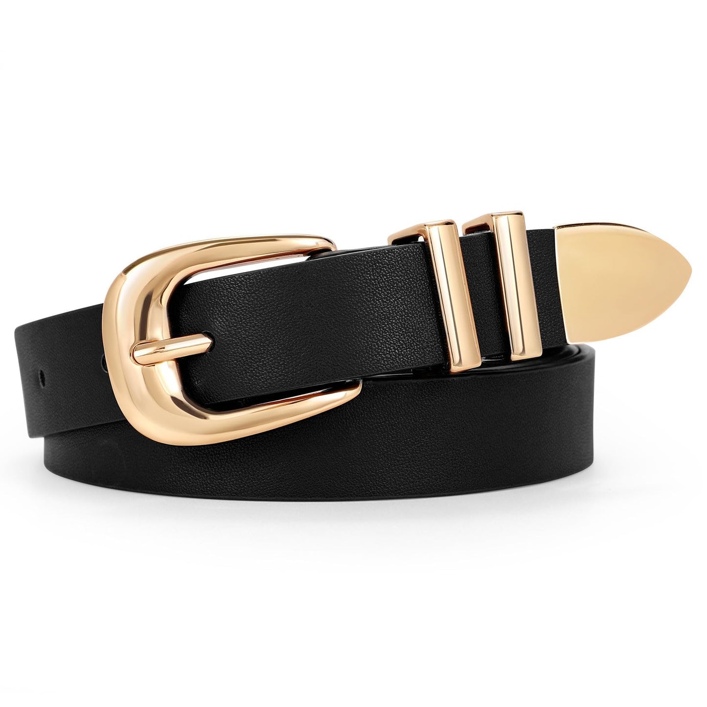 WERFORU Women Leather Belt Fashion Leather Waist Belt for Pants Jean Ladies Western Thin Belt with Gold/Silver Buckle （Fit Waist Size 31"-36",Black-Gold Buckle