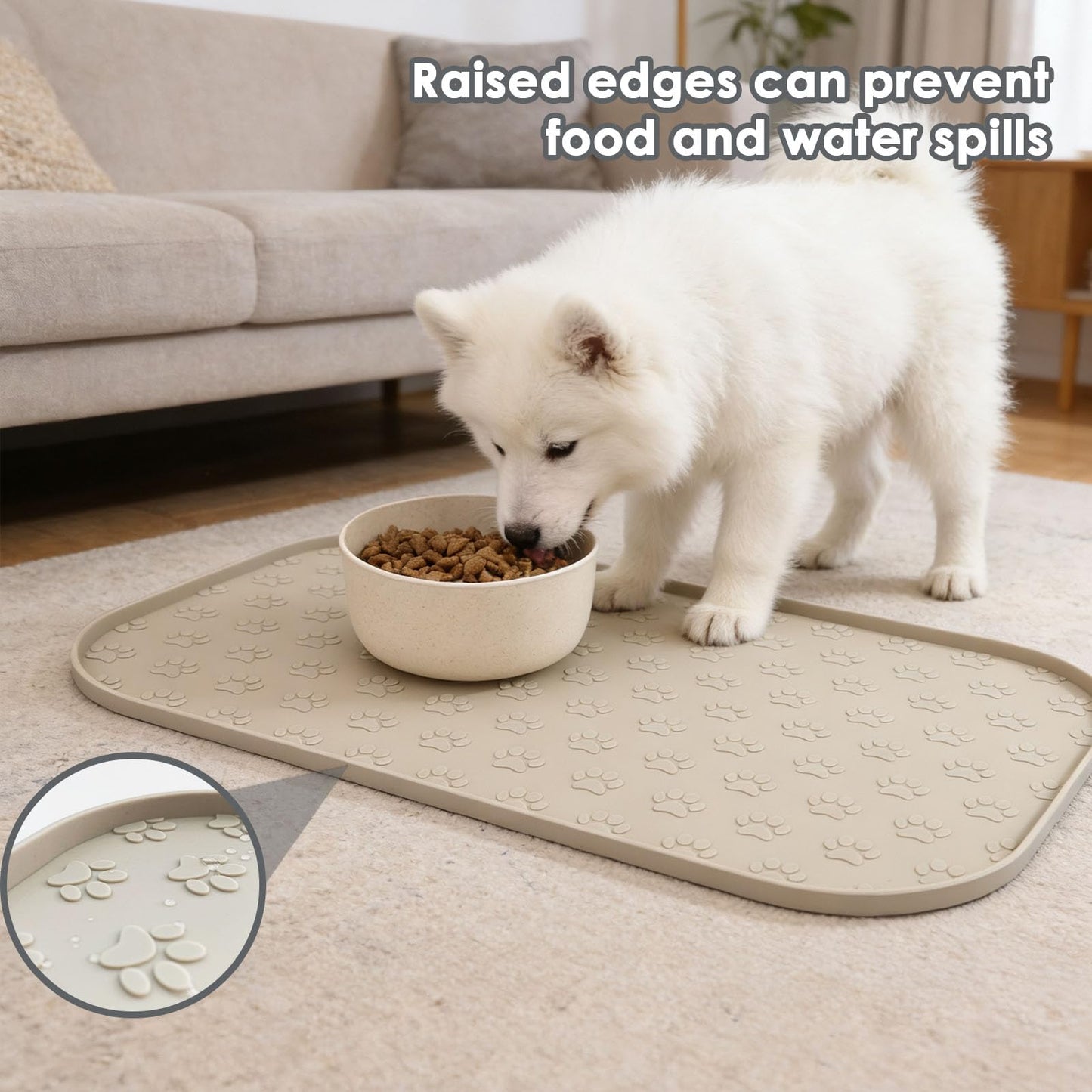 WLDJMP Pet Food Mat with Raised Sides, Silicone, Gray, 17.3x10.6 Inches, Dog Paw Pattern, Floor Protection for Cats (Khaki, 44x27cm)