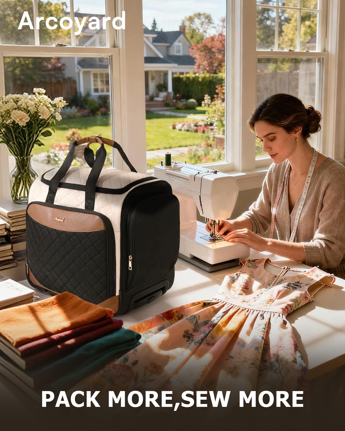 Arcoyard Sewing Machine Case with Wheels, Rolling Sewing Machine Carrying Case with Removable Bottom Pad & 2 Packing Cubes Storage, No Installation Required, Compatible with Singer, Brother, Brown