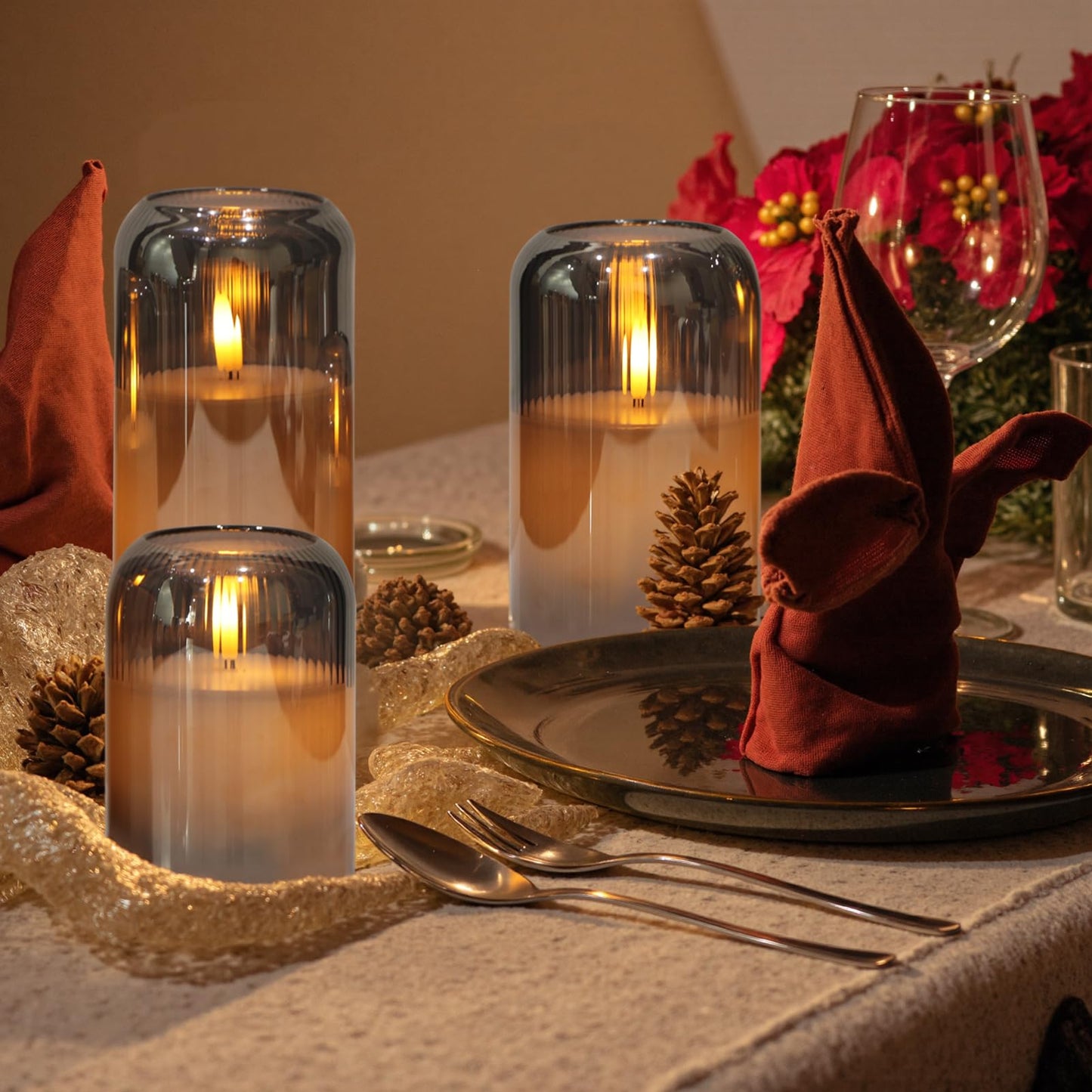 KunSwenn Glass Flameless Candles, Striped Glass Flameless Candles with Remote, Set of 3 Battery Operated Candles with Flickering 3D Wick, LED Pillar Candle for Home Halloween Decor(Grey, D3”xH4”5”6”)