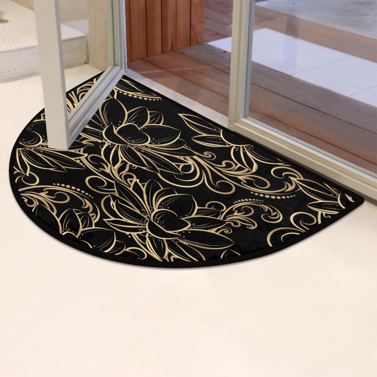 Aglebo Artistic Lotus Flower Half Round Door Mat Non-Slip Half Circle Area Rug 24" x 36" Decor Indoor Entrance Doormat Washable Welcome Mats for Home Bedroom Kitchen Living Room High Traffic Areas
