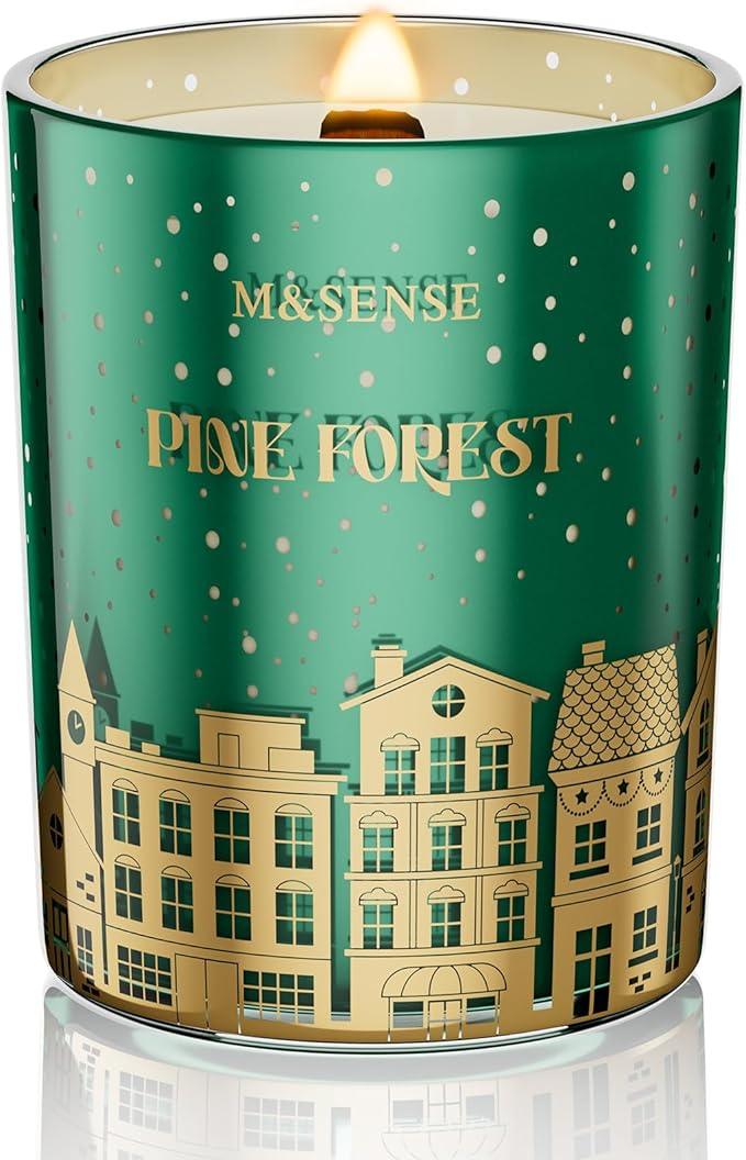 M&SENSE Pine Forest Christmas Candles, Large Winter Scented Soy Candles, Cracking Wooden Wick 18oz 100 Hours Long Lasting Clean Burn, Luxury Holiday Gifts for Relaxation, Stress Relief