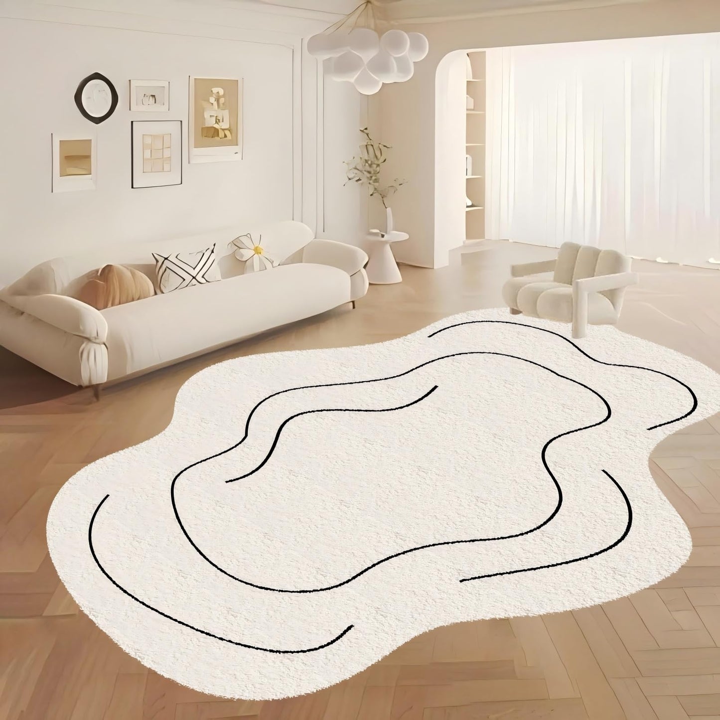 ZLXMN Washable Off-White Irregular Rug 3x4ft Indoor Soft Thin Plush Abstract Shaped Rug Unique Designer Simple Anti-Slip Carpet Suitable for Living Room Bedroom Lounge Area Home Decor