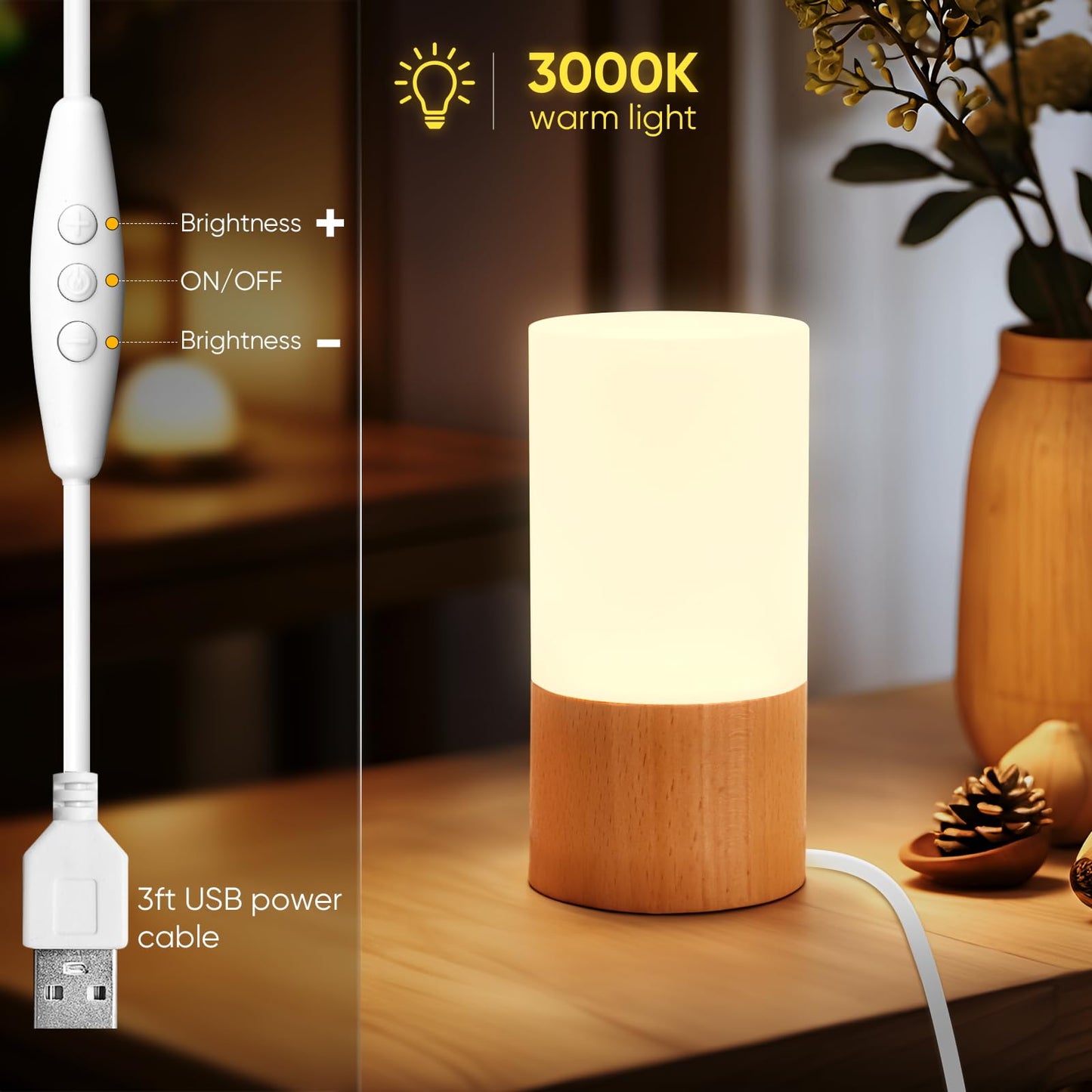 YIEONSHION Creative Wooden LED Desk Lamp, Dimmable Bedside Night Light for Bedroom, Warm Ambient Lighting Table Lamp, Modern Home Décor Accent Light, Unique Housewarming Gift