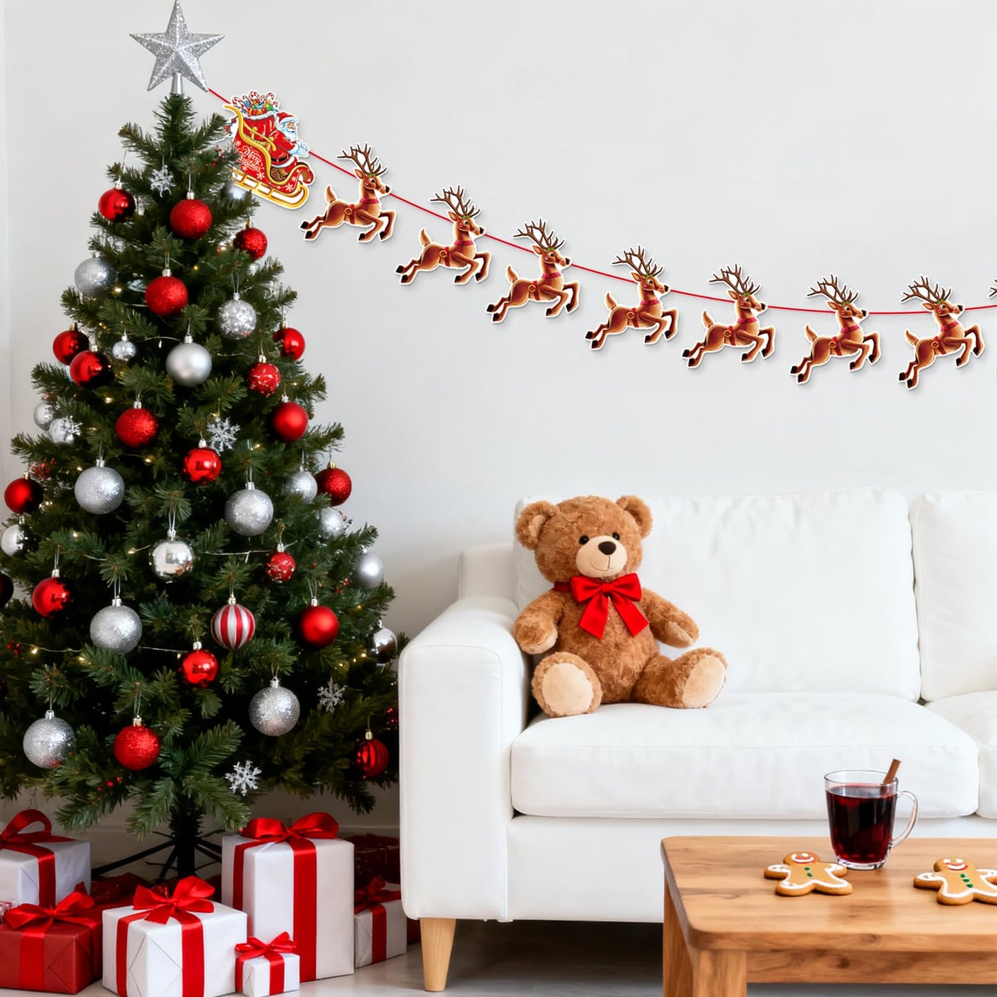 Christmas Banner,2 Set Pre-Strung Santa and Reindeer Bunting Garlands for Merry Christmas Party Decorations,Inside,Home, Office,Fireplace,Wall,Window Hanging Decoration,Xmas Holiday Decor Supplies