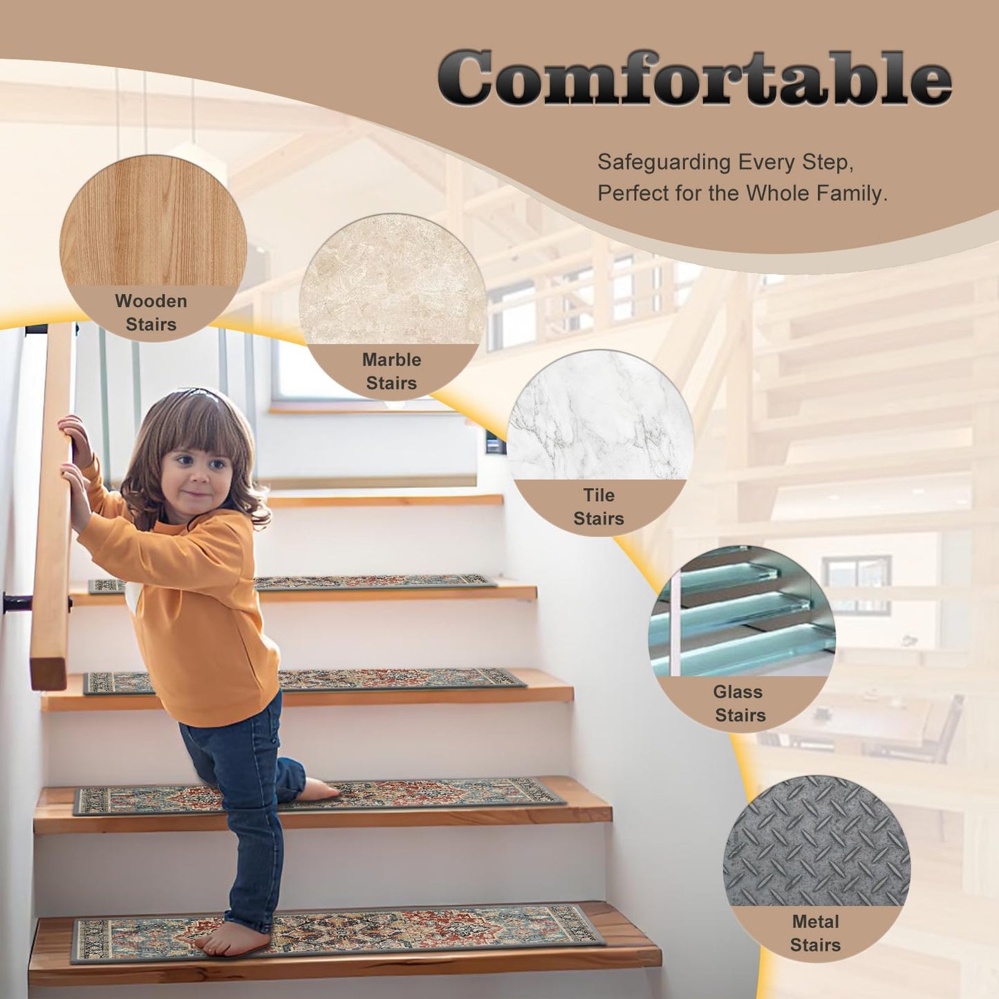 Non-Slip Stair Treads for Wooden Steps 15pcs,8"x30" Stair Carpet Treads for Indoor Use,Peel and Stick Stair Runners,Washable Reusable Adhesive Backing,Pet-Friendly Stair Capet for Kids,Elders,Dogs