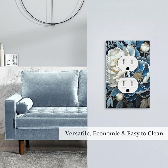 White Blue Flower Peonies Light Switch Cover 1 Gang Outlet Plate Single Duplex Wall Plate Covers Decorative Switchplate Covers Electrical Faceplate for Home Decor