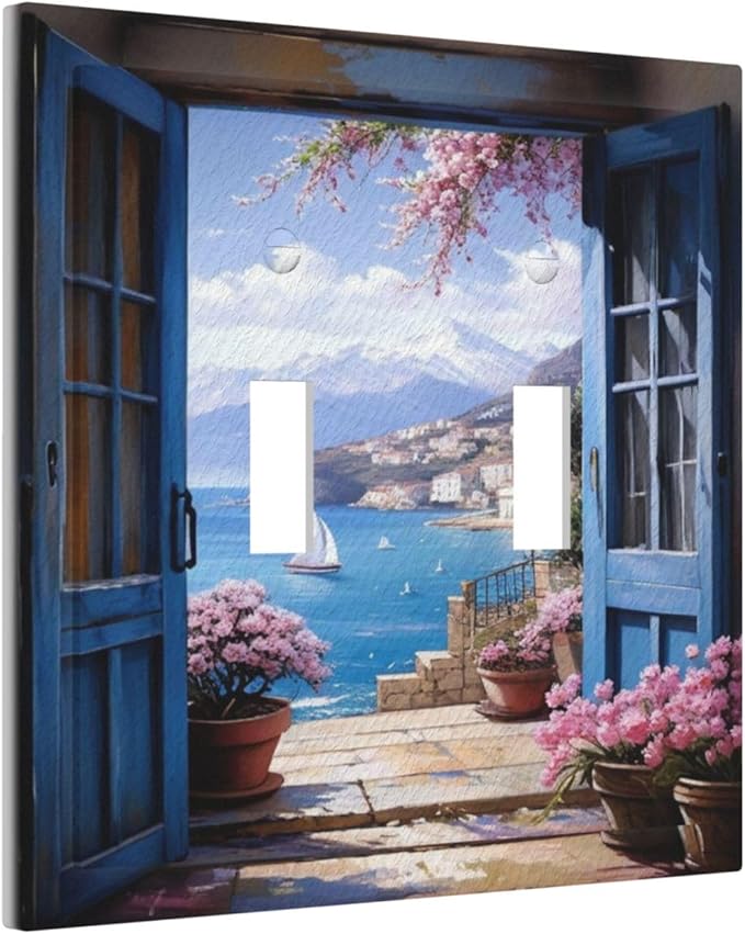 Decorative Art Light Switch Covers Seaside Window View 2 Gang Double Toggle Wall Plate Decorative Switchcover Electrical Switchplate for Home Decor
