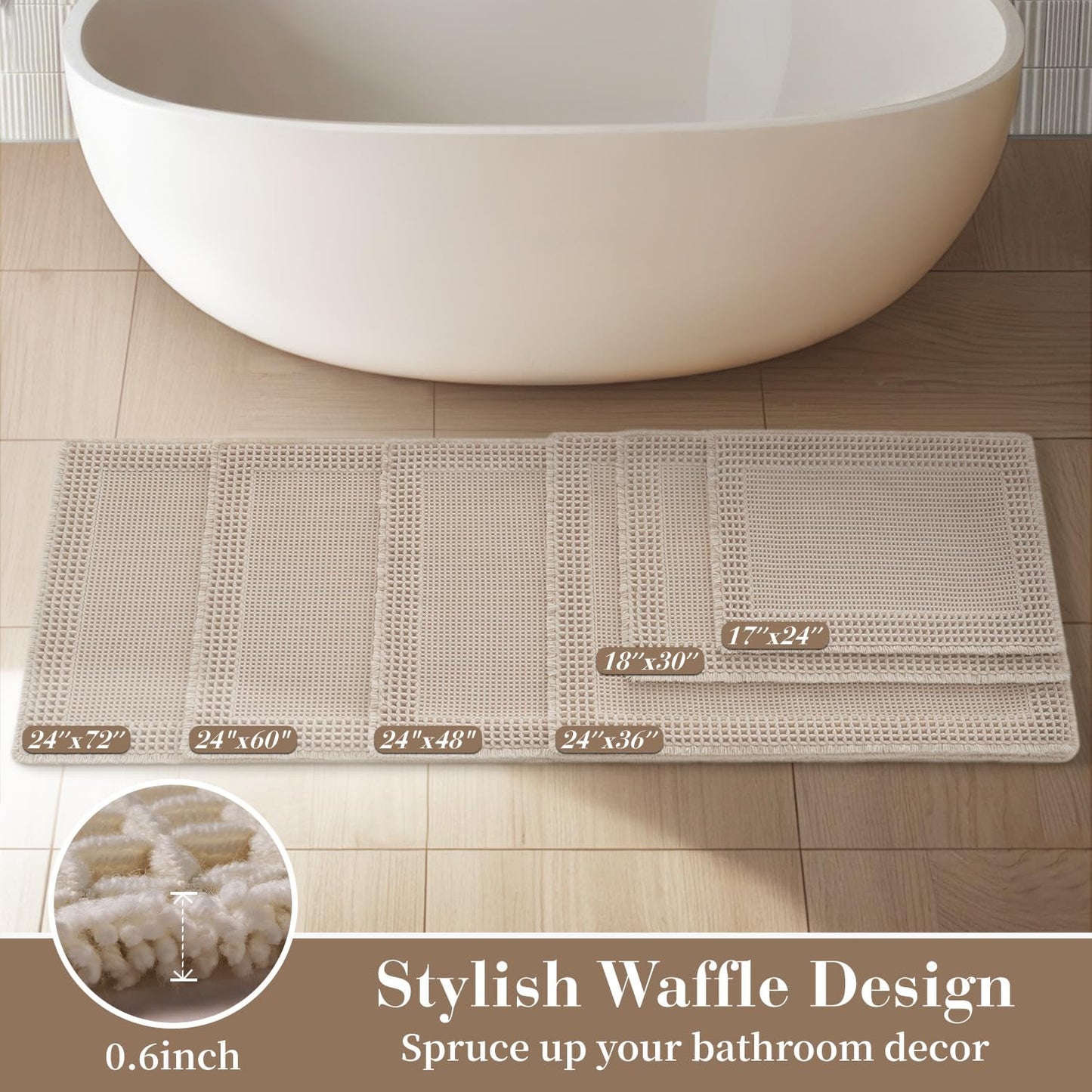 RESARE Waffle Bathroom Runner Rugs, Super Absorbent Bath Mat Non Slip Washable Quick Dry, Upgraded Ultra Soft Boho Bath Rugs with Tassels, Farmhouse Home Decor Accessories, 2'x6'(24"x72") Pale Beige