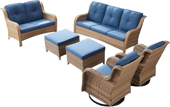 Rilyson Patio Furniture Swivel Chairs Set - 6 Piece Wicker Rattan Outdoor Sectional Conversation Sets with 2 Rocking Swivel Chairs,2 Ottomans,1 Sofa and 1 Loveseat for Porch Deck(Yellow/Blue)