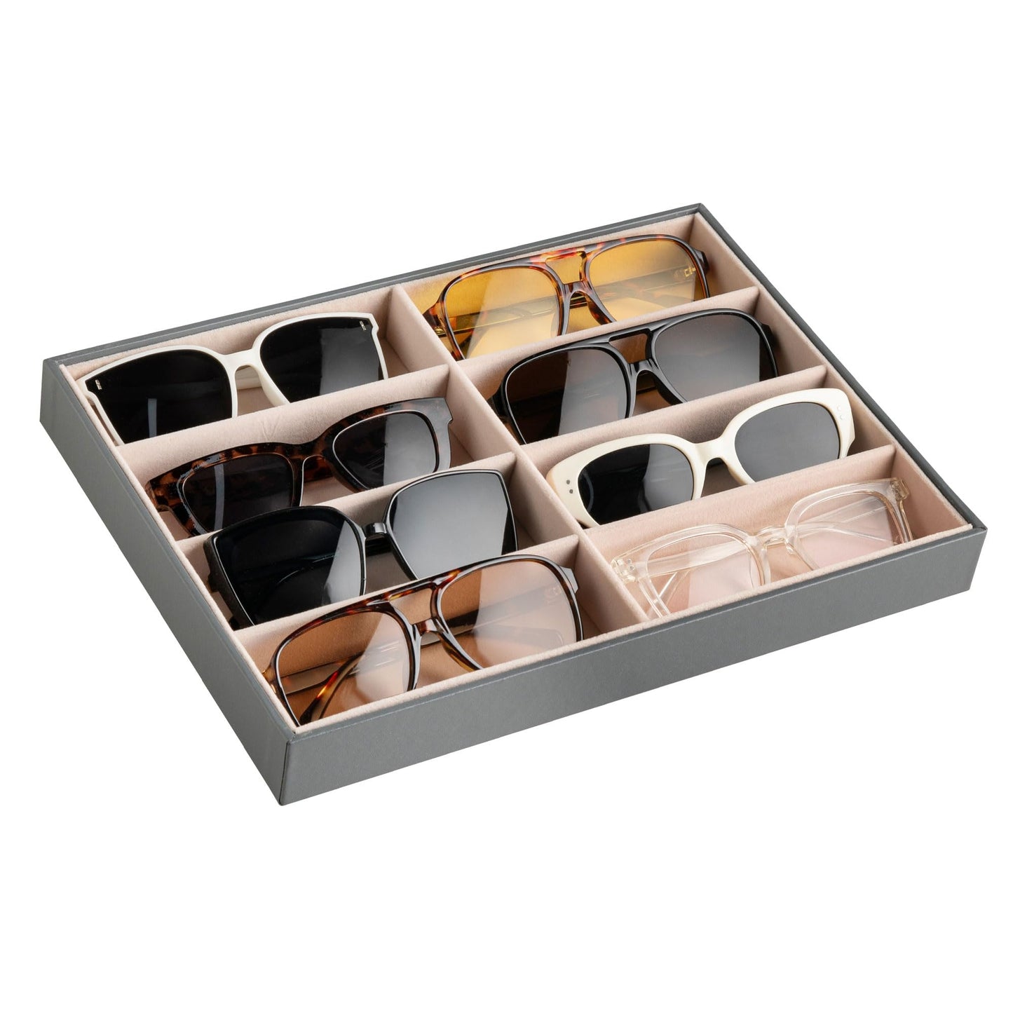 Frebeauty Sunglass Organizer,PU Leather Glasses Organizer,8-Slot Sunglasses Tray,Men's/Women's Sunglasses Box,Sunglass Case,13.3 x 9.6 x 1.5 Inches,Eyeglass/Eyewear Display Tray(Grey)
