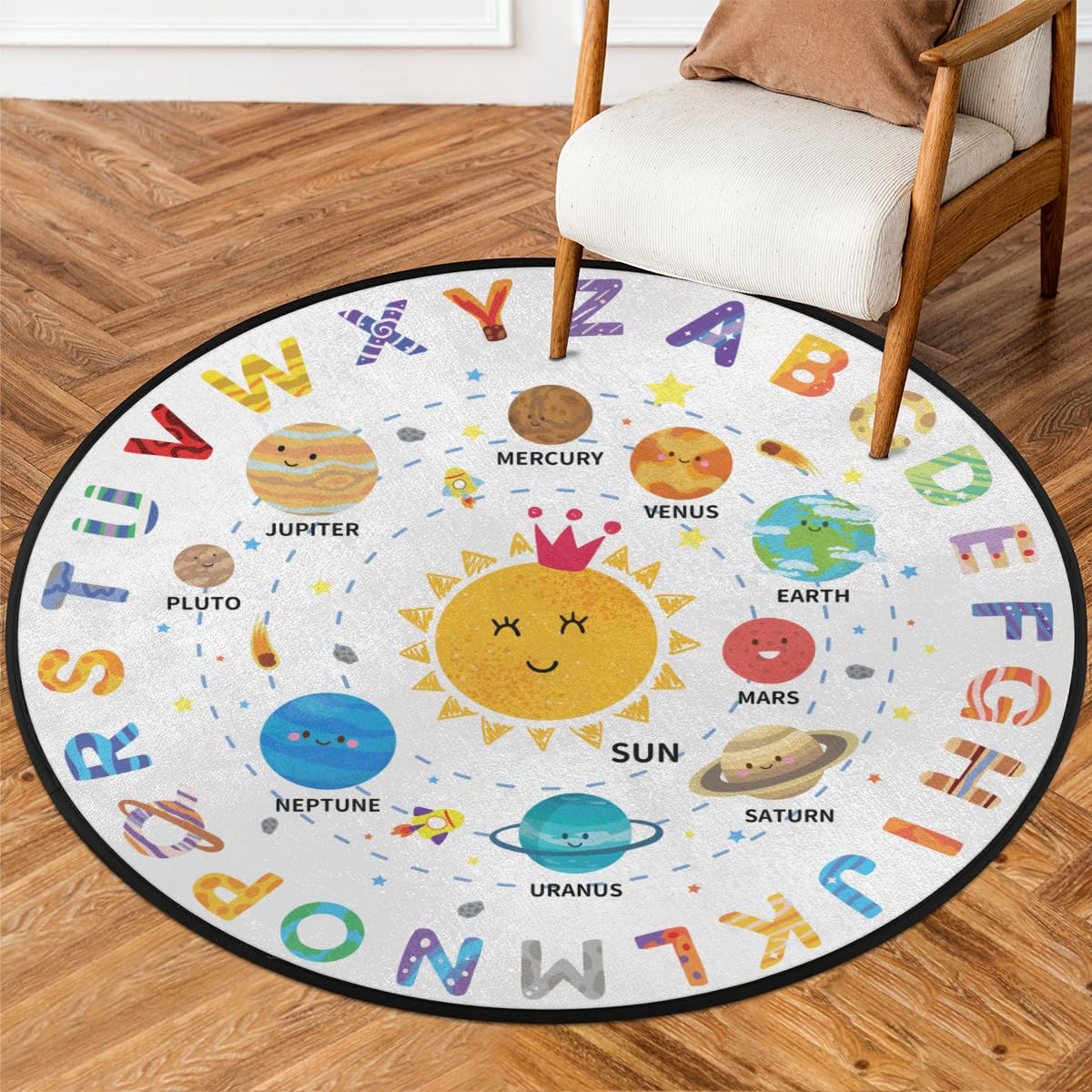 Funky Qiu Round Kids Rug,3 Ft ABC Letter Educational Playroom Rug,Non-Slip Solar System Alphabet Kid Play mat for Classroom Playroom Bedroom Kids Room Decor