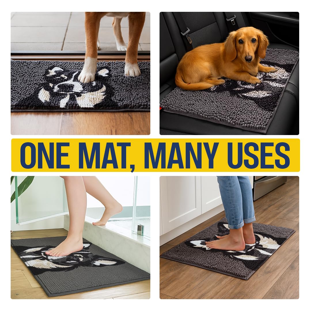 Muddy Mat® Highly Absorbent Microfiber Door Mat and Pet Rug, Non Slip Thick Washable Area and Bath Mat Soft Chenille for Kitchen Bedroom Indoor and Outdoor - Dog Face Border Collie 19"X30"
