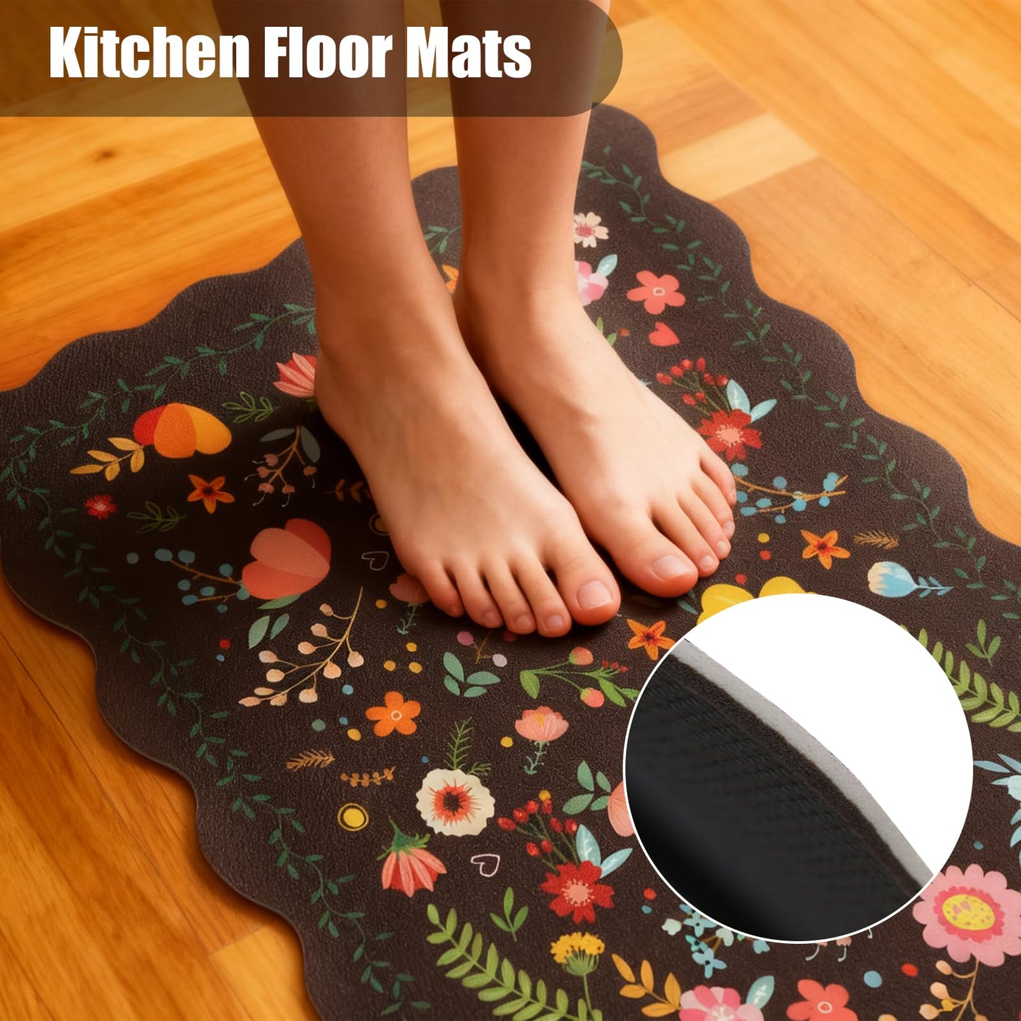 CQKEDMA Scalloped Kitchen Mats for Floor 3 Piece Set, Kitchen Floor Mat Non Slip Washable, Narrow Kitchen Runner Rugs Waterproof Boho Floral Standing Mat Door Mat for Sink Laundry, Hallways, Black