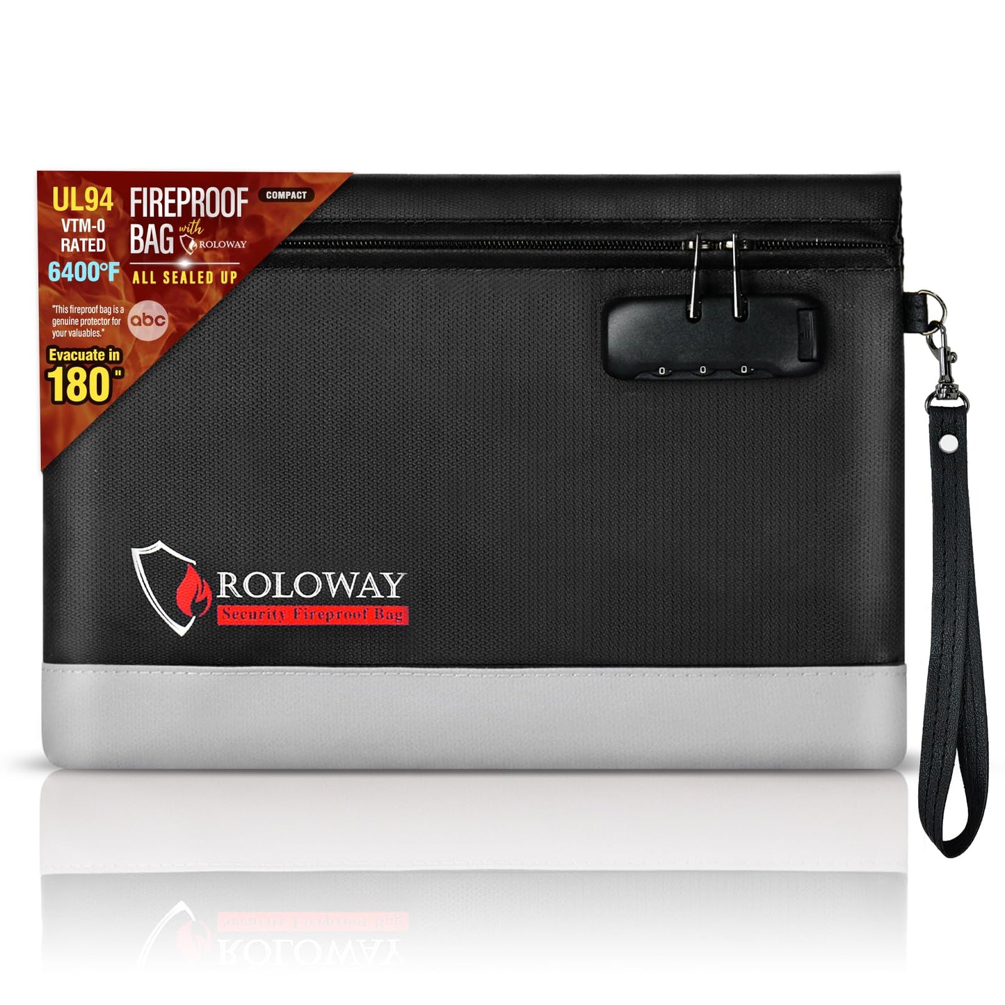 ROLOWAY Fireproof Money Bag with Lock for Cash, 6400°F Fire Proof Document Bag (12.2 x 8.5 x 1.6 inches), Money Pouch with Zipper (Black)