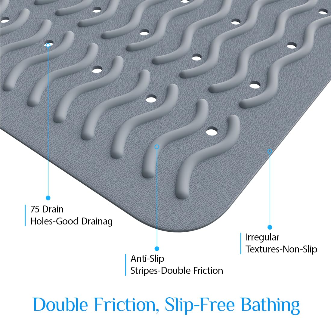 Non Slip Bathtub Mat & Shower Mat, 31x15'' Anti Slip Bath Mat for Tub, Soft TPE Anti-Skid Bathroom Mat with 194 Suction Cups & Drain Holes, Wave-Textured Grip, Machine Washable, Grey