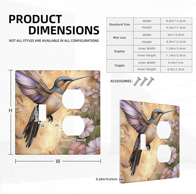 Decorative Art Light Switch Covers Blossom & Hummingbird 2 Gang Single Toggle Duplex Combination Electrical Faceplate Switchplate Wall Plate for Home Decor