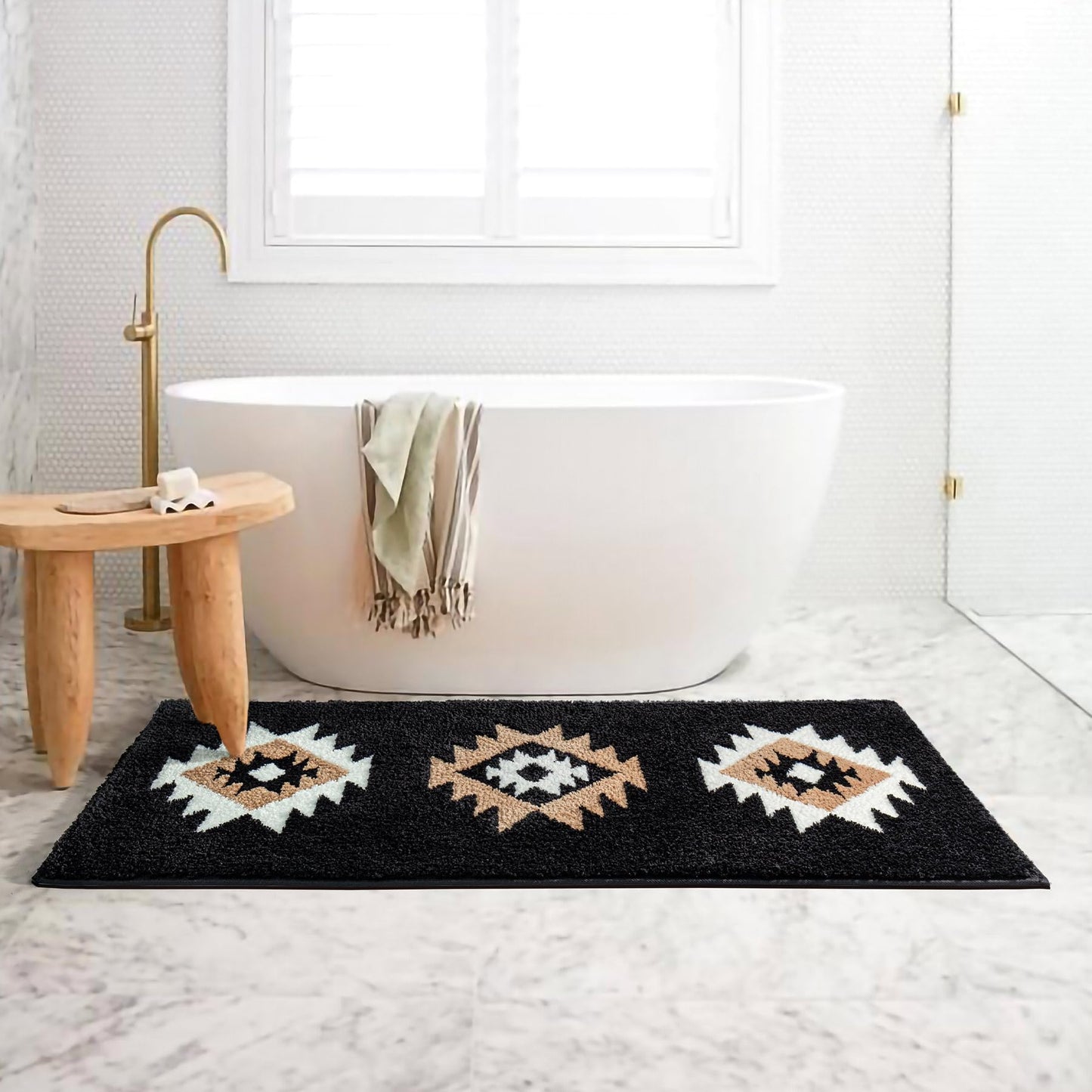 DEXDE Boho Bathroom Rugs Runner 20x47, Black Aztec Western Bath Mat Non Slip Long Luxury Large Bath Rugs Soft Absorbent Carpet for Shower Kitchen Entryway Modern