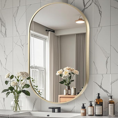 24x36 inch Oval Bathroom Mirror, Gold Vanity Wall Mirror with Brushed Metal Frame, Oval Mirrors for Bathroom, Entryway, Over Sink, Living Room