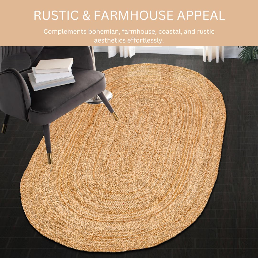 OHOMLY LIVING Handcrafted Jute Braided Rug 3x5 Feet Oval - 100% Natural Jute Area Rug - Rustic Farmhouse Boho Accent Rug for Living Room Bedroom Kitchen Entryway Reversible Handwoven Floor Rug