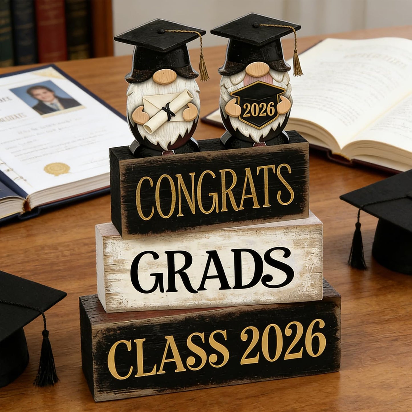 2026 Graduation Table Decorations Class of 2026 Senior Tiered Tray Decor Wooden Gnome Block Signs Farmhouse Congrats Grad Tabletop Party Centerpiece for Tables Wooden Sign for Home Decor