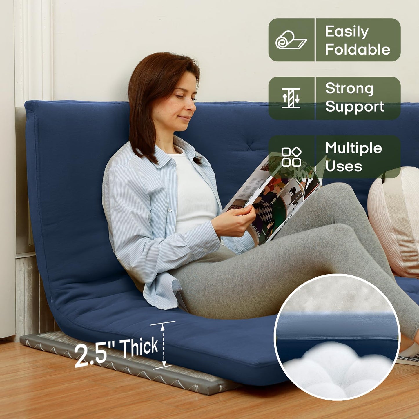 ZonLi Japanese Floor Futon Mattress Twin Size 75"x 39", 100% Cotton Cover 2.5'' Thicken Tatami Mattress, Foldable Sleeping Pad, Portable Dormitory Tatami Mat, Roll Up Floor Lounger Bed for Adult