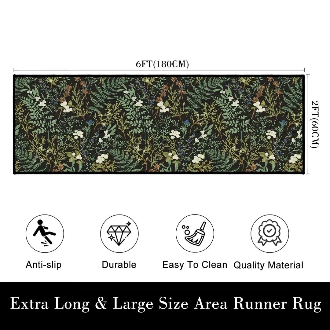Black Green Runner Rug for Hallway 2x6,Botanical Print Runner Rug for Entryway,Plant Leaf Printed Area Rugs Non-Slip Throw Floor Carpet for Bedroom Entrance Door Mat Washable Kitchen Rugs Runners