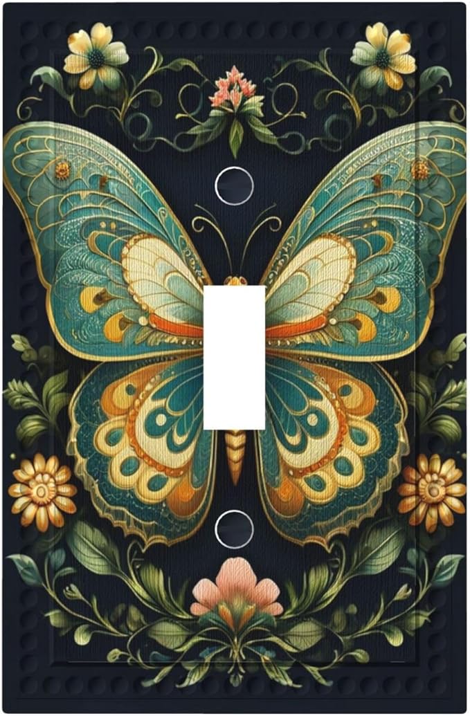 Butterfly Ornate with Flower Light Switch Covers 1 Gang Single Toggle Wall Plate Decorative Switchcover Electrical Switchplate for Country Living Decor