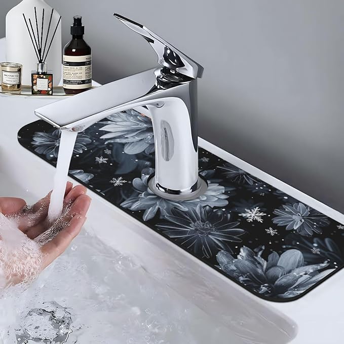 Faucet Draining Mat For Kitchen Sink, Stylized Gray Chrysanthemum Flowers