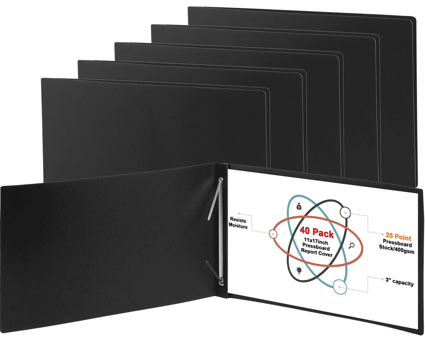 gisgfim 40 Pcs 11'' x 17'' Pressboard Report Cover 3" Capacity Metal Prong Paper Fastener with Compressor Presentation Binder Folder to Neatly Bind Reports Proposals Transcripts Document(Black)