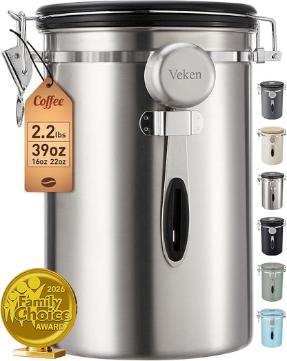 Veken Coffee Canister, 39OZ Large, Airtight Stainless Steel Food Storage Container for 2.2lbs Coffee Beans, Ground, Sugar, Tea, Flour, Cereal, Kitchen Bar Accessories with Date Tracker & Scoop, Silver
