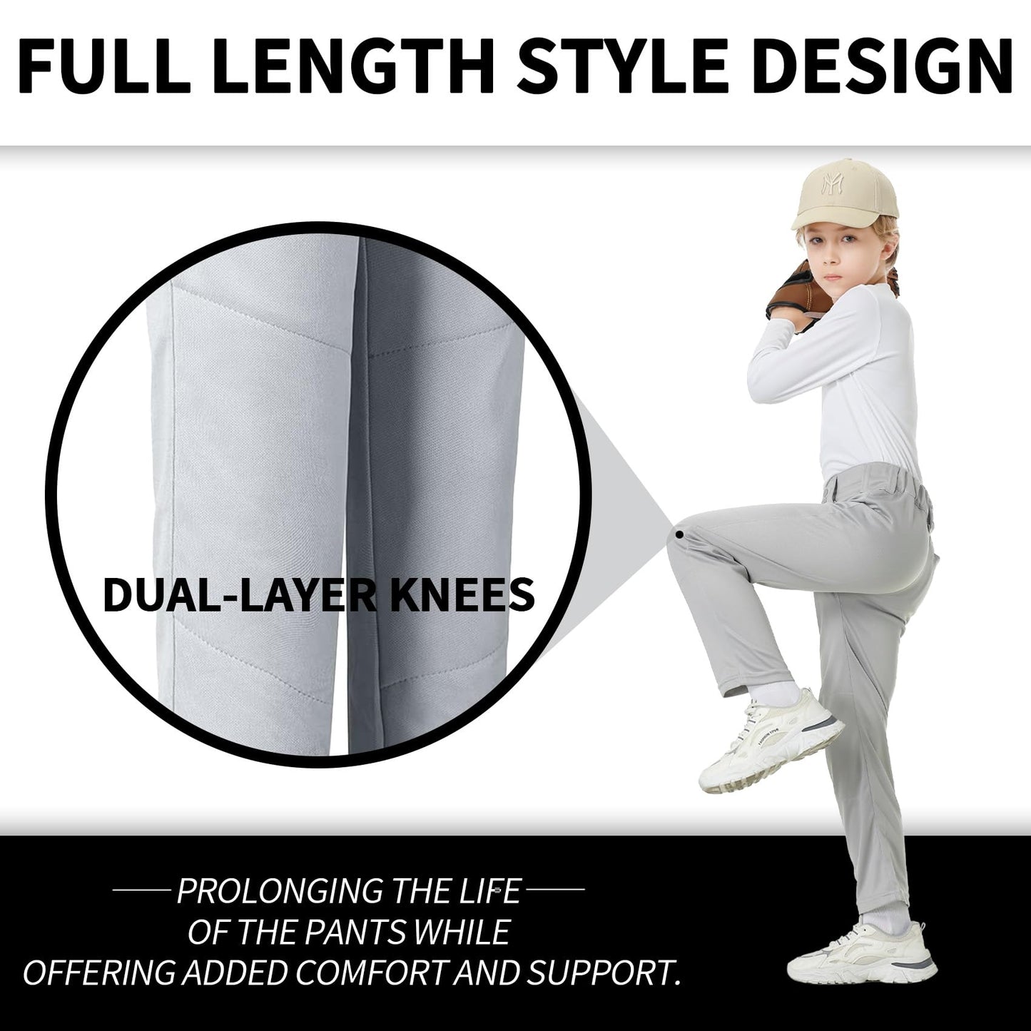 QBK 2T-17Years Toddler to Youth Baseball Pants Softball Pants Kids Tee Ball Pants for Boys and Girls Grey (8-9, Grey)