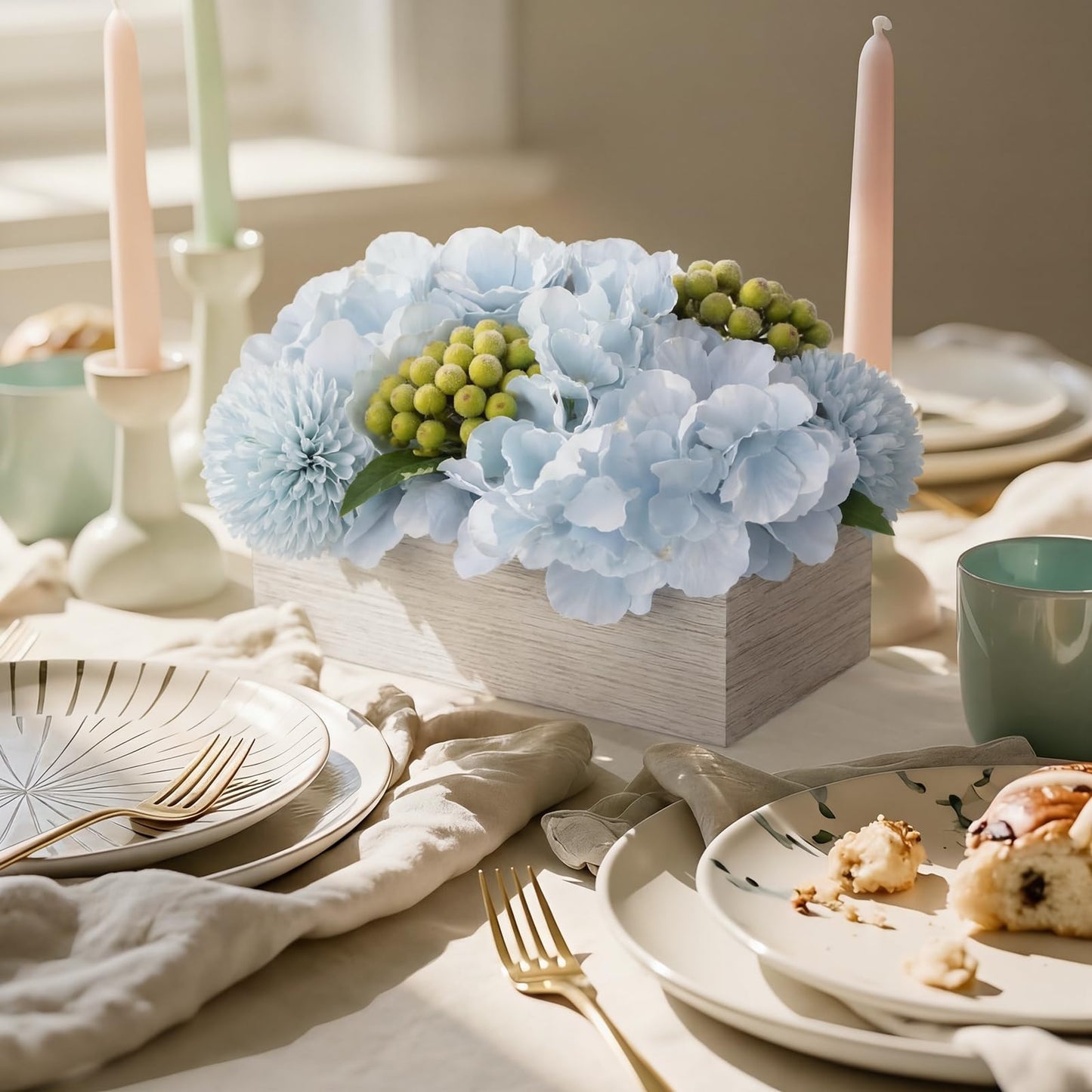 AceOrbit Blue Hydrangea Artificial Flowers with Wooden Box Table Centerpiece Decorations Fake Flowers Arrangement with Green Berries for Dining Room Home Table Bathroom Shelf Spring Easter Decoration