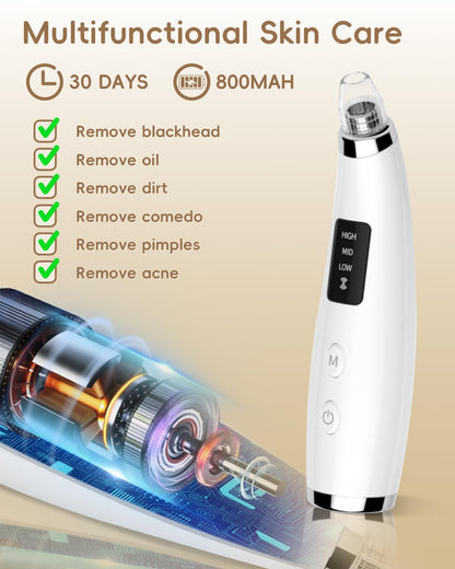 Facial Pore Blackhead Remover Vacuum - Fore Cleaner and Blackhead Extractor with 3 Adjustable Suction Levels - 5 Probes - Pore Vacuum Kit for Women&Men (White)
