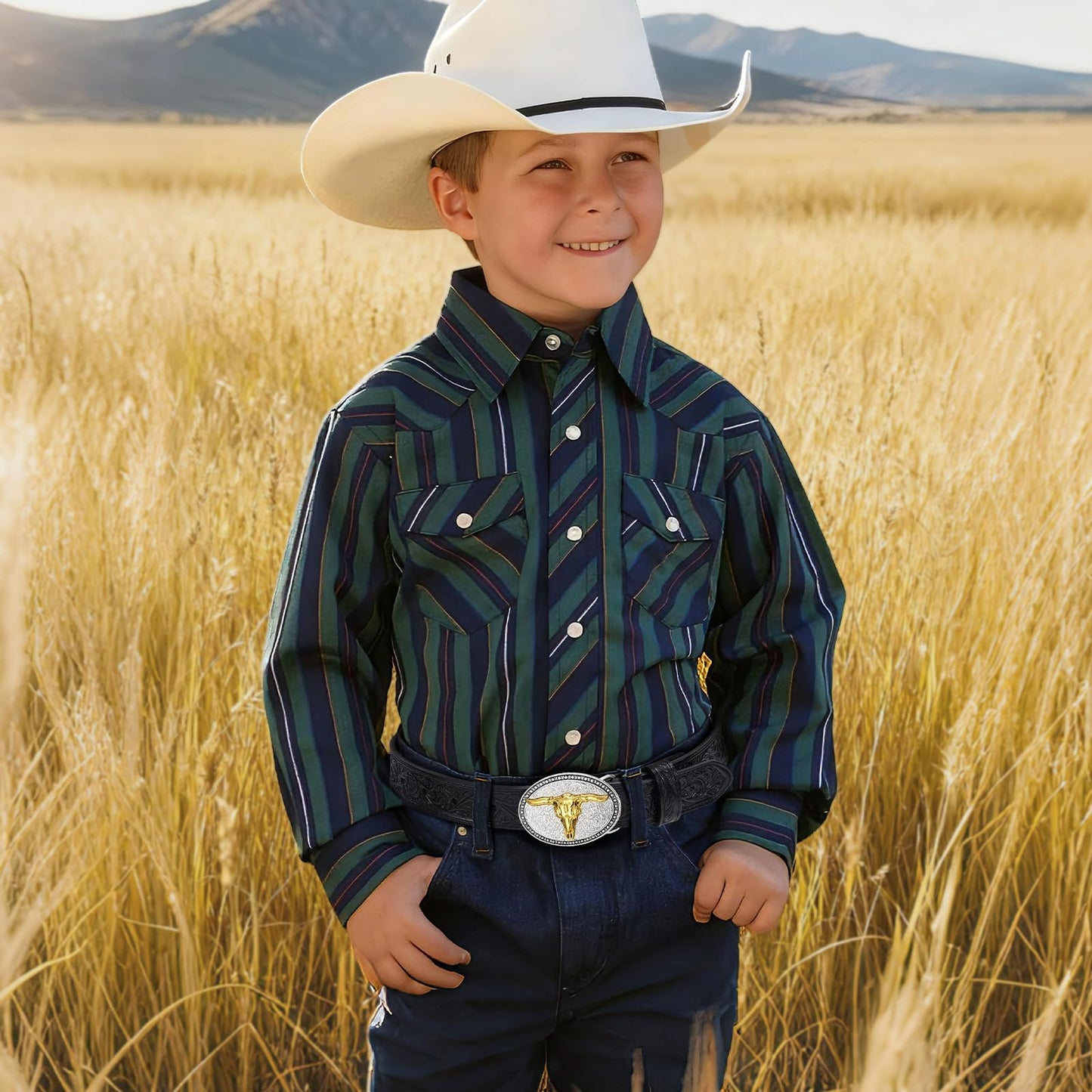 SANSTHS Kids Western Belt for Boys Girls Genuine Leather Cowboy Cowgirl Belts with Detachable Buckle for Jeans Western Gifts, Golden Bull Buckle/Black Belt
