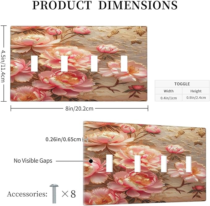 Pink Blooming Flowers Peonies Floral Light Switch Covers Quad Toggle 4 Gang Wall Plate Decorative Switch plate Electrical Faceplate for Farmhouse Living Decor