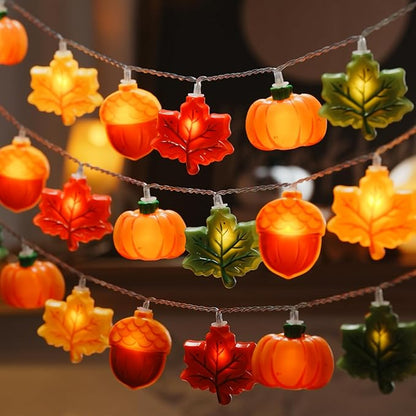 LOLStar Fall Decor Lights, 9.8FT 20 LED Thanksgiving String Lights, Battery Operated (Not Included) with Timer Function and 8 Flash Modes, Pumpkin, Maple Leaf, Acorn Light for Autumn Home Indoor Decor