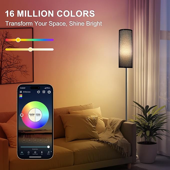 FRIDEKO HOME Floor Lamp, Color Changing Ambient Lighting for Living Room Bedroom, Standing Lamp with App & Remote Control, Tall Corner Lamp for Halloween Home Decor, 9W 800LM, Foot Switch, Black Shade