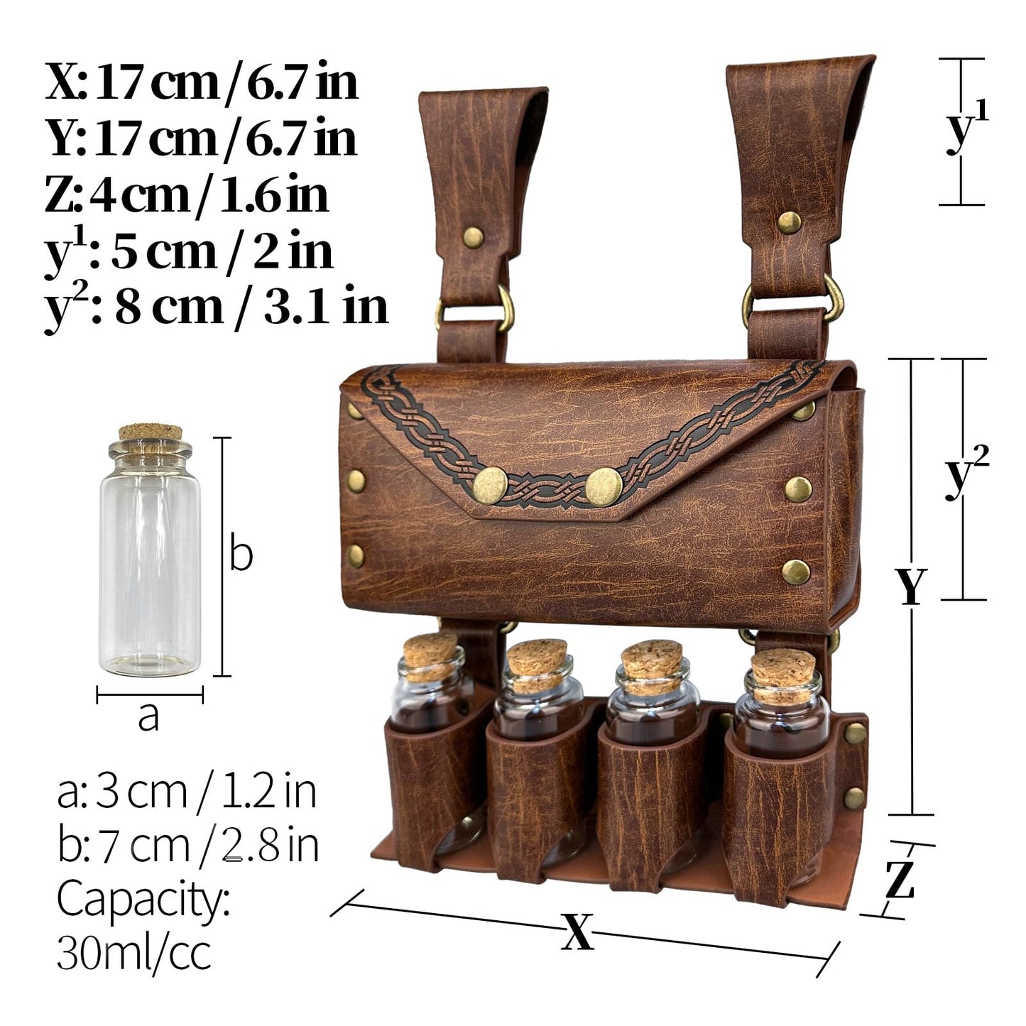 HiiFeuer Medieval Alchemy Faux Leather Belt Bag with 4 Cork Potion Vials, Fantasy Wizard Waist Pouch Side Pack for Ren Faire (Light Brown A)