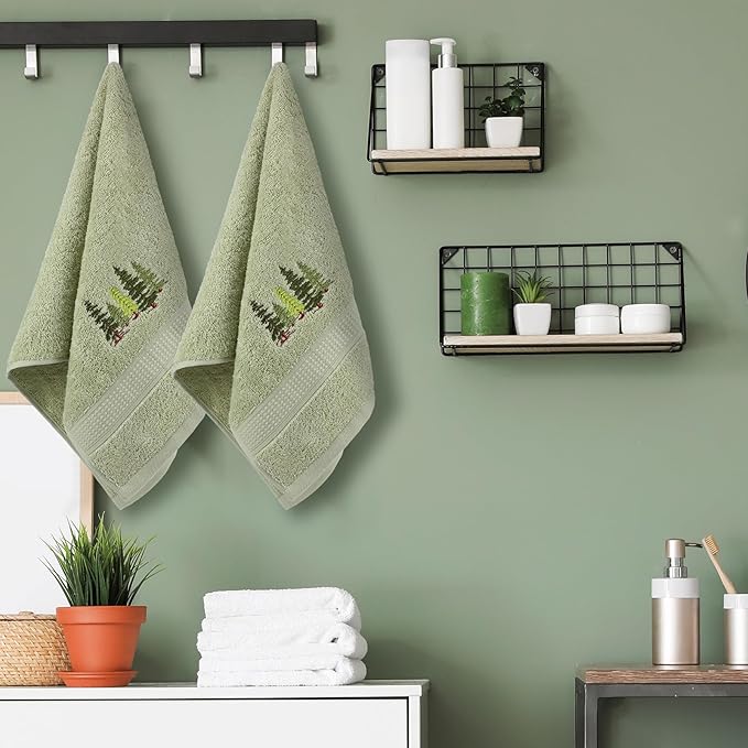 2 Pcs Forest Hand Towels Gray Green Bathroom Decor 14x29 Inch Embroidered 100%
