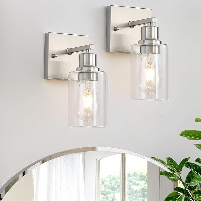 Modern Wall sconces Set of 2，Bathroom Vanity Light fixtures, Brushed Nickel Wall Light with Glass Shade, Farmhouse Wall sconces for Mirror,Bedroom,Living Room，1-Lights