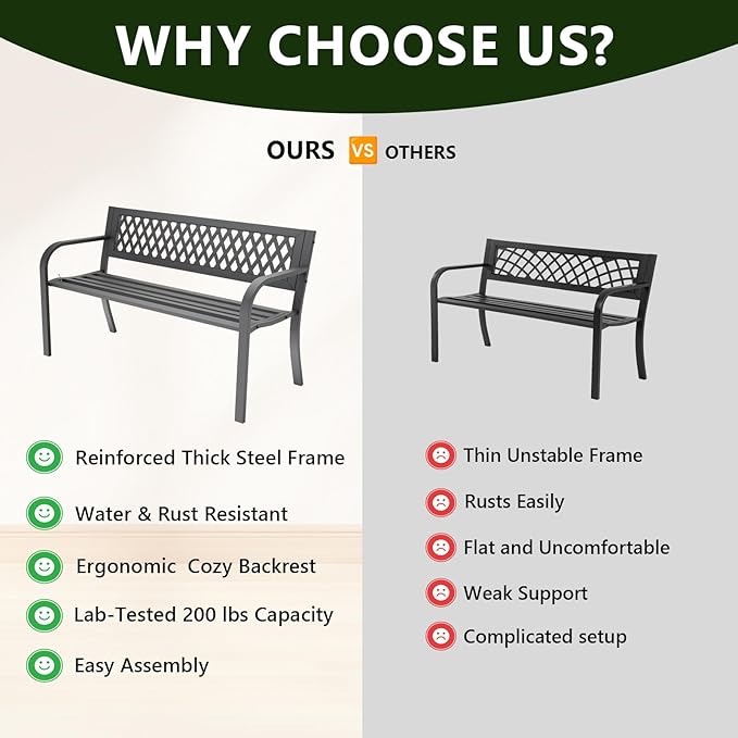 Outdoor Bench, Garden Patio Park Entryway Metal Bench with Comfortable Backrest, Sturdy Heavy Duty Loveseat Front Porch Backyard Lawn Furniture for Outside