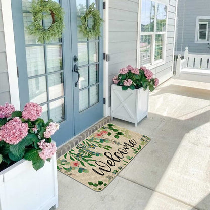 ORTIGIA Welcome Doormat Summer Eucalyptus Leaves Floral Doormat Outdoor Outside Indoor Entrance Mat Non-Slip Durable Absorbent Easy Clean Entryway 17x29 Inch