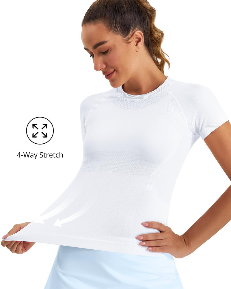 Stelle Women Workout Tops Short Sleeve Seamless Athletic Shirts Yoga Gym Sports Breathable Tees(White,S)