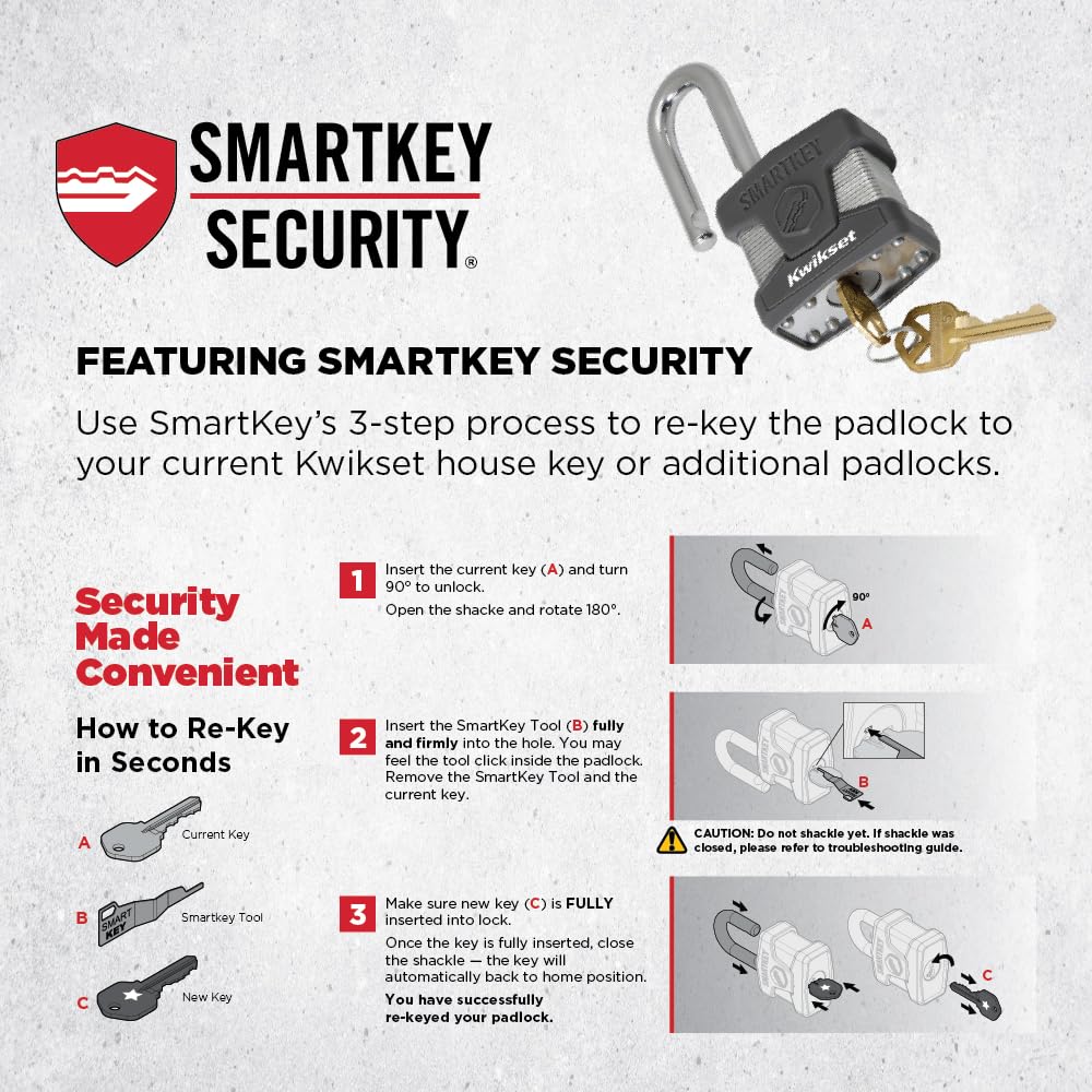 Kwikset SmartKey Re-Keyable Laminated Steel Padlock with Boron Carbide Shackle, with Weather Cover, Outdoor Gate and Storage Lock, 2 in Body, 1-1/2 in Shackle, 4 Pack Keyed Alike, Silver