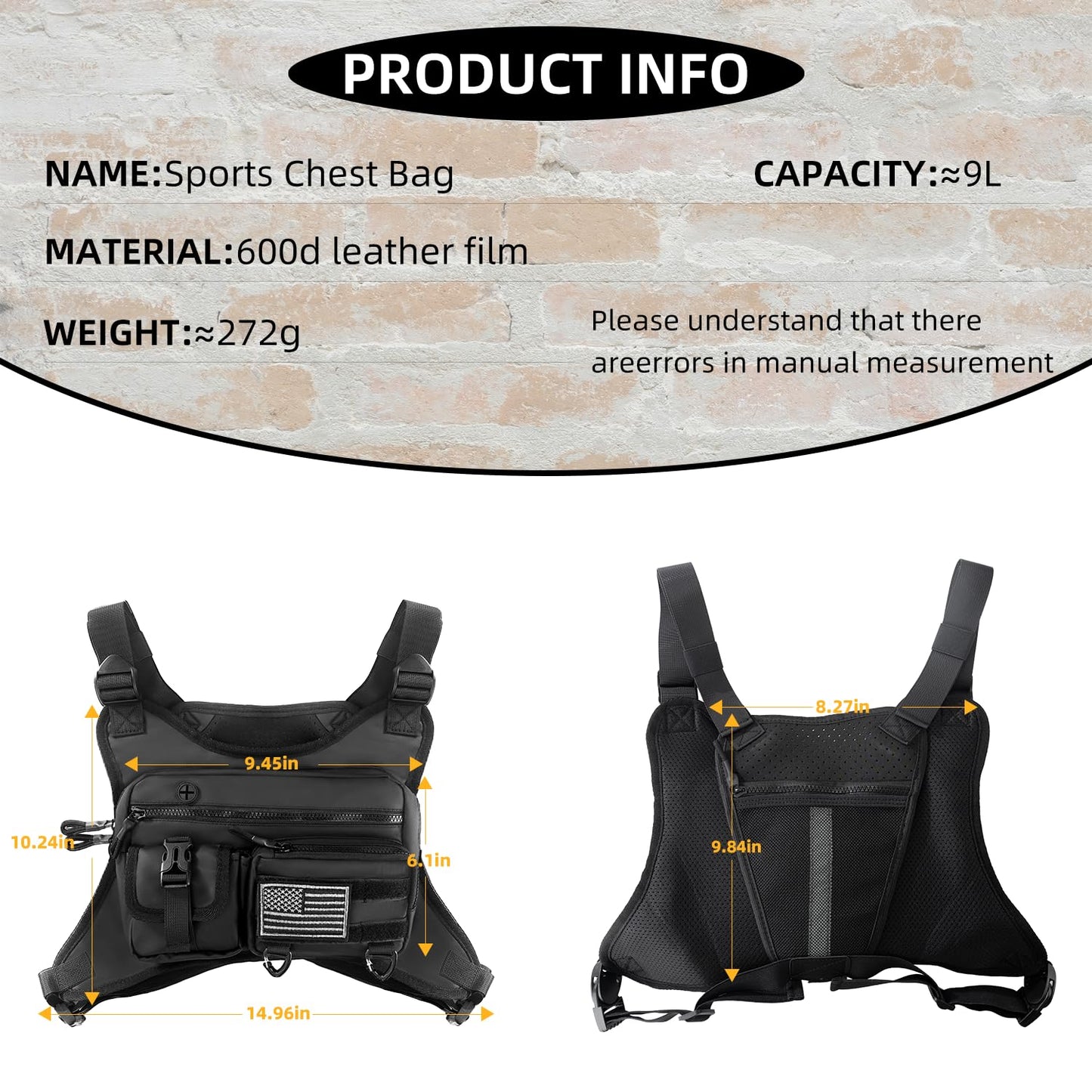 QCBF Outdoor Sports Chest Bag for Men, Running Vest Tactical Pack, Water Resistant Lightweight Front Run, with Extra Storage, Chest Vest Holster Fits Most Pistols, Fit Hiking (Black)