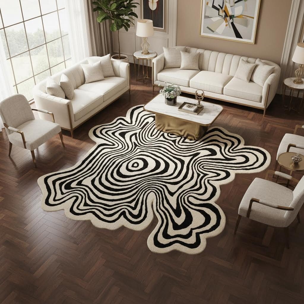 Irregular Shaped Black Beige Large Square Rug 5x5 Illusion Abstract Striped Pattern Washable Easy Clean Deco Rugs Living Room Diningroom Bedroom Playroom Guestroom Home Office Modern Carpet