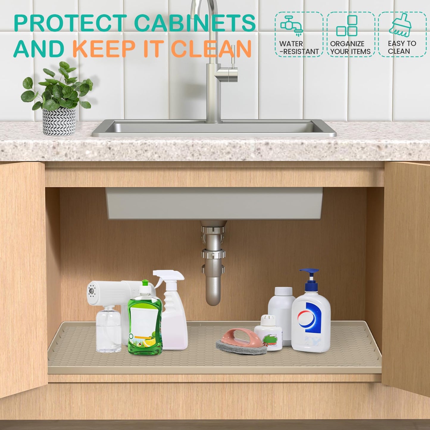 FORWOS Waterproof Under Sink Mat 28" x 19", Silicone Cabinet Liner, Rubber Protector for Kitchen and Bathroom, Keeps Cabinets Clean, Dry, and Organized (Beige)