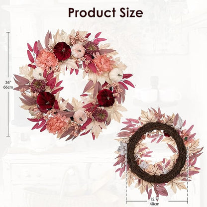 Briful 26" Artificial Fall Wreath with Velvet Pumpkins, Chrysanthemums & Pink Maple Eucalyptus Leaves – Soft Blush Autumn Wreath for Front Door, Fireplace, Wall Decor