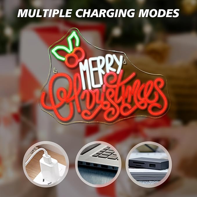 Merry Christmas Neon Sign, LED Sign XMAS Holly Berries for Christmas Decor, Holiday Wall Decoration, USB Powered, Adjustable Brightness